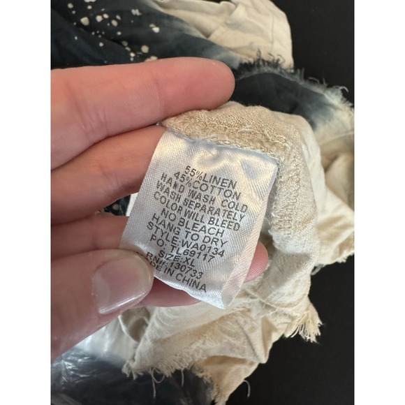 XL Linen Top Tie Dye Bleached Black Beige Fringe Tunic Boho western rodeo - Picture 7 of 8